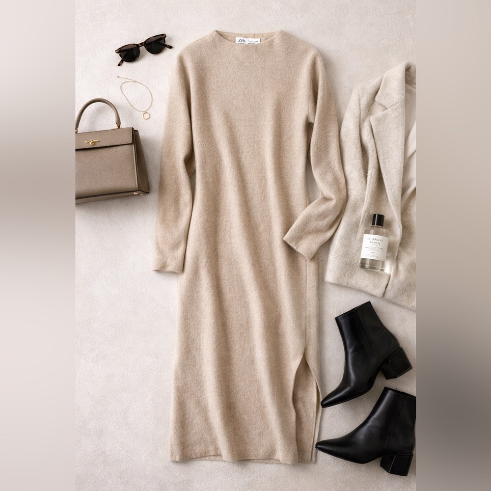 Zara 100% Wool Beige Midi/Maxi Dress L Sweater Dress Minimalist Neutral